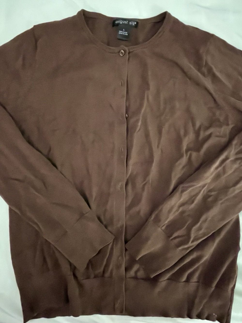 August Silk Crewneck Button-Front Cardigan in Brown Large